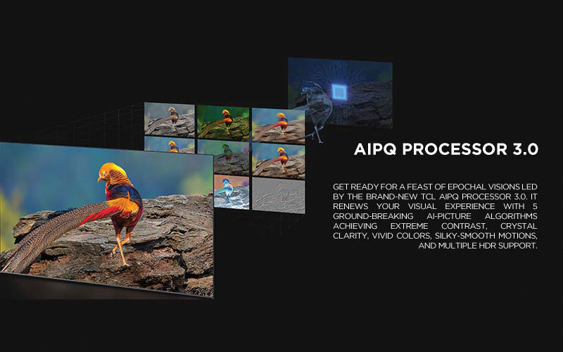 AiPQ PROCESSOR 3.0 - Get ready for a feast of epochal visions led by the brand-new TCL AiPQ Processor 3.0. It renews your visual experience with 5 ground-breaking Ai-Picture algorithms achieving extreme contrast, crystal clarity, vivid colors, silky-smooth motions, and multiple HDR support.